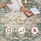 Round Rug Living Room Rugs: 5x5 Washable Boho Neutral Large Circle Soft Indoor Distressed Stain Resistant Floor Farmhouse Carpet for Bedroom Nursery Kids Playroom Office Dining Room Dorm- Green