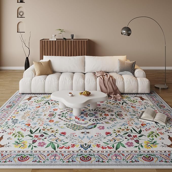 Rugcomf Living Room Rug 5x7 Rug Machine Washable Area Rug Floral Non-Slip Low Pile Large Rugs for Living Room, Bedroom, Farmhouse, Dining Room, Kids Playroom(Colorful)