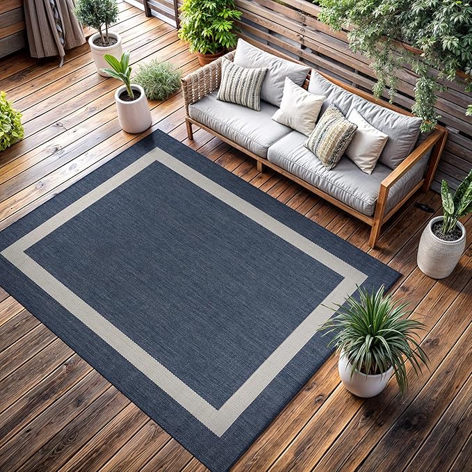 CAMILSON Outdoor Rug 5x7, Modern Outside Rugs for Patios Porches Waterproof Durable Washable Non-Shedding, Easy-to-Clean Indoor Outdoor Area Carpet (5 x 7, Bordered - Blue/White)