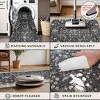 Black Washable 2x3 Entry Rug, Small Rugs for Entryway Kitchen Bathroom Door Mat Indoor Entrance, Non Slip Rubber Backing, Stain & Fade Resistant, Ashen Charcoal Floral Farmhouse Decor