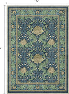 Bavni 5x7 Area Rugs for Living Room, Microfiber Machine Washable Non-Slip Vintage Floral Rug, Low Pile Lightweight Carpet for Bedroom, Dining Room, Home Office, Navy Blue & Sage Green