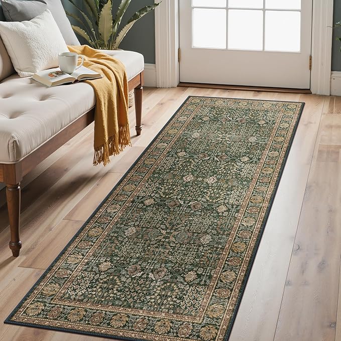 Bavni 2'6''x7 Rug Runners for Hallways, Washable Runner Rug Non Slip, Vintage Floral Print Style Rugs for Bedroom-Lightweight Low Pile Carpet for Hallways Bathroom, Dark Green/Multi