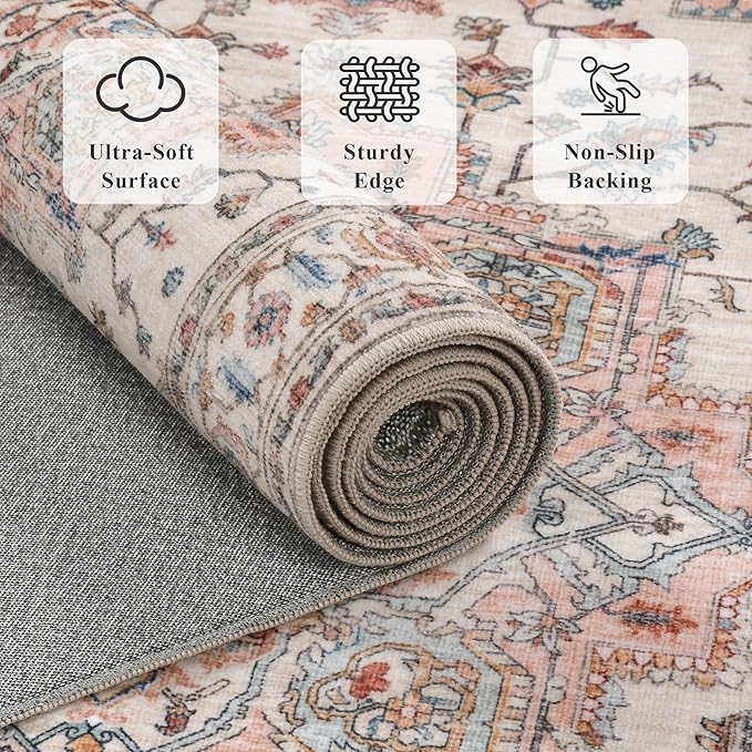 4x6 Area Rug for Bedroom Machine Washable Low Pile Vintage Distressed Rugs Stain Resistant Faux Wool Rug Ultra Soft Non-Slip Area Rugs for Living Room, Playroom, Kitchen,Home Office