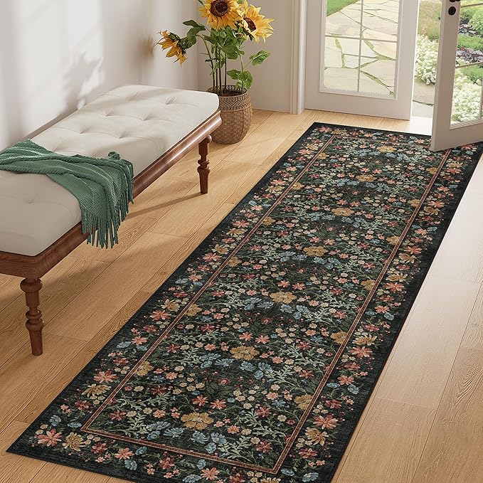 DUKINO 2x6 Runner Rug for Hallway, Washable Vintage Floral Kitchen Rug with Non Slip Backing, Soft Low Pile Throw Carpet Runner for Kitchen, Laundry, Hallway, Bathroom, Black