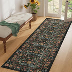 DUKINO 2x6 Runner Rug for Hallway, Washable Vintage Floral Kitchen Rug with Non Slip Backing, Soft Low Pile Throw Carpet Runner for Kitchen, Laundry, Hallway, Bathroom, Black