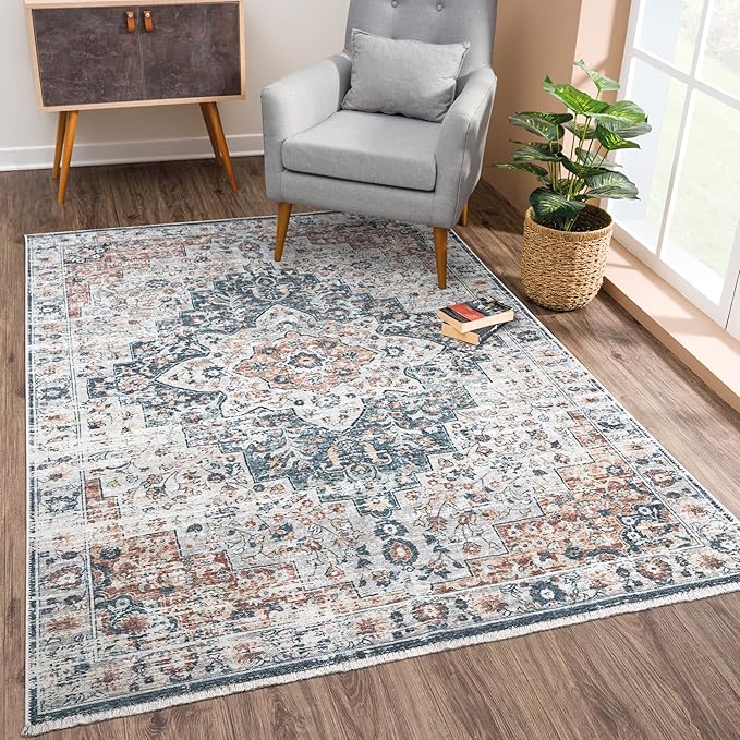 Bloom Rugs Caria Washable Non-Slip 6x9 Rug - Terracotta/Teal Traditional Area Rug for Living Room, Bedroom, Dining Room, and Kitchen - Exact Size: 6' x 9'