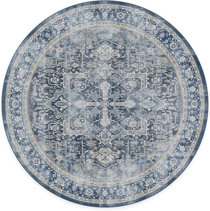 RUGGABLE Washable Area Rug – Kamran Admiral Blue 8 ft Round, Stain-Resistant, Non-Slip – Large Machine Washable Rugs for Living Room, Bedroom, Hallway, Entryway & Office–with Cushioned Pad