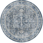 RUGGABLE Washable Vintage Area Rug – Kamran Admiral Blue 8 ft Round, Stain-Resistant, Non-Slip – Large Machine Washable Rugs for Living Room, Bedroom, Hallway, Entryway & Office–with Standard Pad