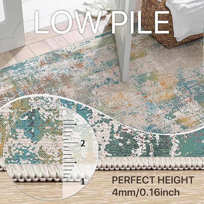 GENIMO 6x9 Area Rugs for Living Room, Machine Washable Rug Non Slip, Low Pile Ultra-Thin Lightweight Large Carpet, Abstract Modern Rugs for Bedroom, Dining Room, Office, Nursery, Teal/Beige