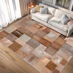 Patchwork Rug, Washable 5x6 Rug for Living Room, Geometric Brown Patterned Indoor Carpet, Patchwork Decor for Home, Bedroom, Soft Non Slip Thin Design FER7