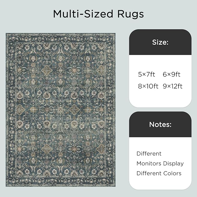 8x10 Washable Rugs for Living Room, Soft Large Rugs Blue Area Rug, Indoor Vintage Carpet for Bedroom Dining Room Office, Rubber Backed Non Slip Low Pile Mat, Deep Blue