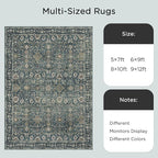 9x12 Area Rug for Living Room, Soft Large Rugs Blue Washable Rugs, Indoor Vintage Carpet for Bedroom Dining Room Office, Rubber Backed Non Slip Low Pile Mat, Deep Blue