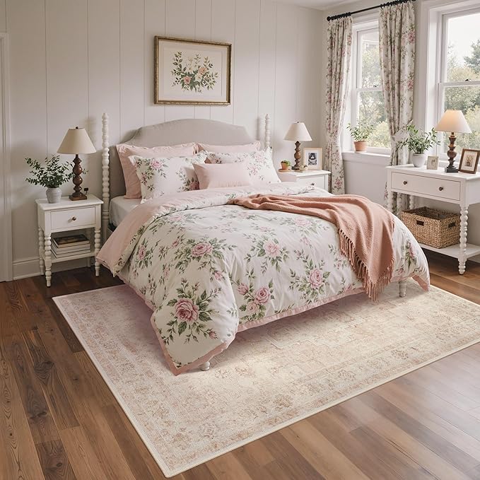 6x9 Area Rugs for Living Room, Machine Washable Rug, Non Slip Vintage Rugs, Low Pile Lightweight Print Rug for Bedroom, Dining Room, Home Office, Pink