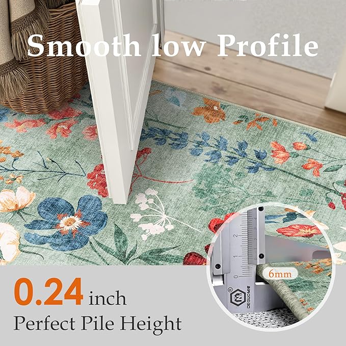 Green Area Rug 3x5 Office Floral Boho Door Mat Indoor Washable Kitchen Carpet Non Slip Bedroom Low Pile Lightweight Soft Throw Rug for Living Dining Room Bathroom