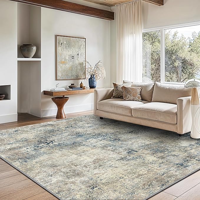 GENIMO Washable Area Rugs for Living Room, 9x12 Modern Non Slip Rugs, Low Pile Lightweight Soft Print Rug for Bedroom, Dining Room, Home Office, Blue Grey Beige