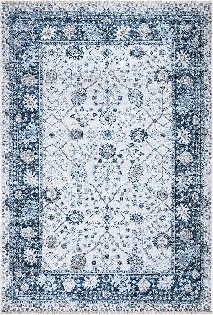 Bloom Rugs Caria Washable Non-Slip 9x12 Rug - Navy Blue Traditional Bordered Area Rug for Living Room, Bedroom, Dining Room, and Kitchen - Exact Size: 9' x 12'