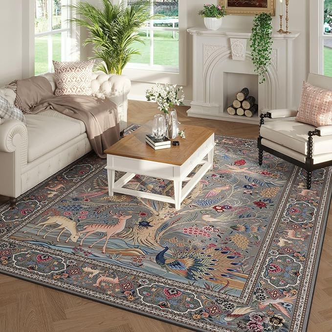 Rugcomf Area Rugs 5x7 Vibrant Tree of Life-Patterned Vintage Washable Area Rug Non Slip Low Pile Large Rugs for Living Room Bedroom Farmhouse Dining Room Kids Playroom, Grey