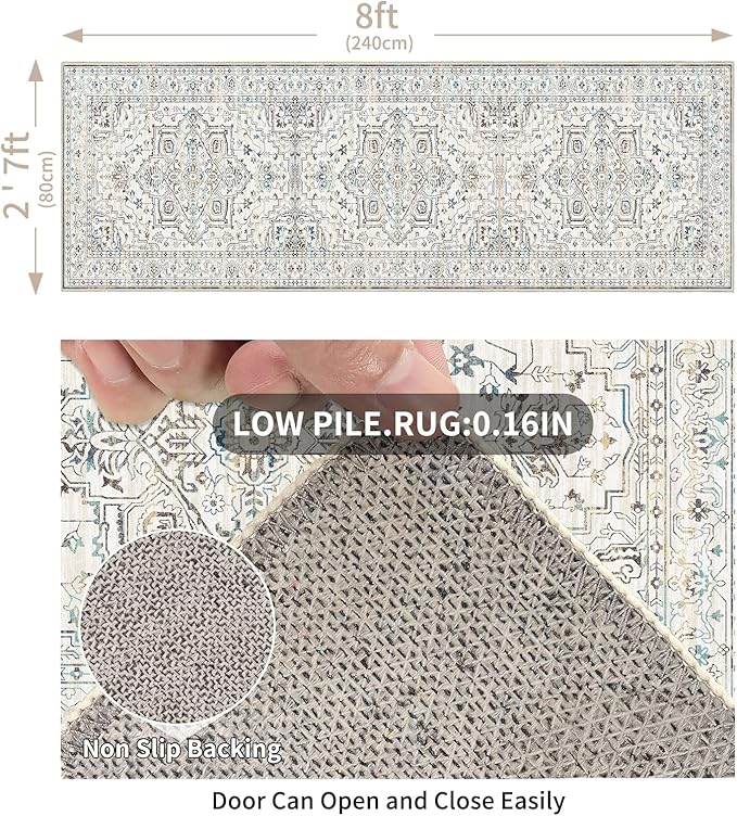 Enkor Runner Rugs for Hallway, 2.6x8 Washable Soft Non Slip Floor Rugs for Kitchen, Modern Mat for Living Room Bedroom Entryway White & Grey