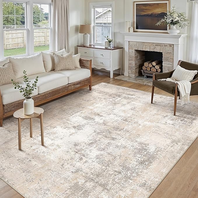7x10 Washable Area Rug Beige Grey Abstract Living Room Bedroom Throw Rug Neutral Modern Non Slip Soft Low Pile Lightweight Indoor Carpet for Dining Room Office