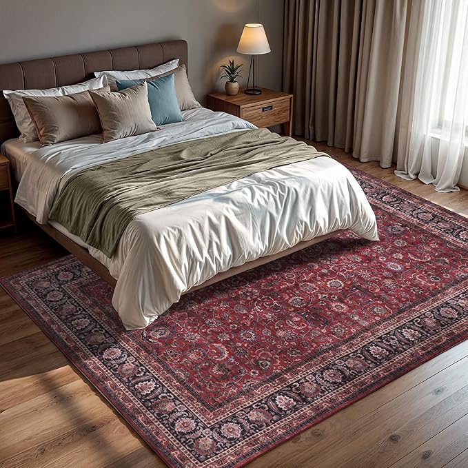 GLN Rugs Traditional Collection - Machine Washable Area Rug, Traditional Washable, Non Slip, Low Pile Chenille Rug, Living Room, Bedroom, Kitchen Rug (6' x 9' Dark Red)