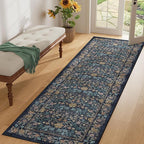 DUKINO 2x6 Runner Rug for Hallway, Washable Vintage Floral Kitchen Rug with Non Slip Backing, Soft Low Pile Throw Carpet Runner for Kitchen, Laundry, Hallway, Bathroom, Dark Blue