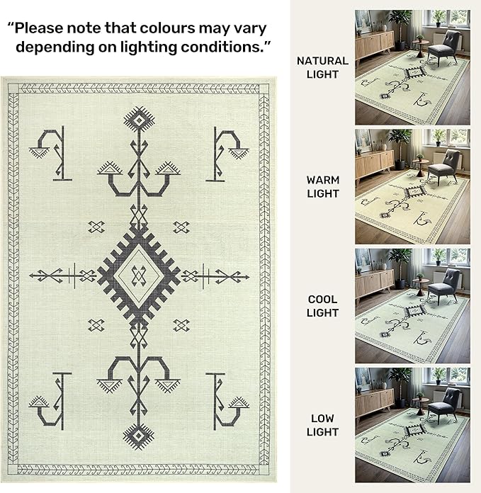 GLN Rugs Contemporary Collection - Machine Washable Area Rug, Contemporary Washable, Non Slip, Low Pile Chenille Rug, Living Room, Bedroom, Kitchen Rug (3' x 5' Cream/Anthracite)