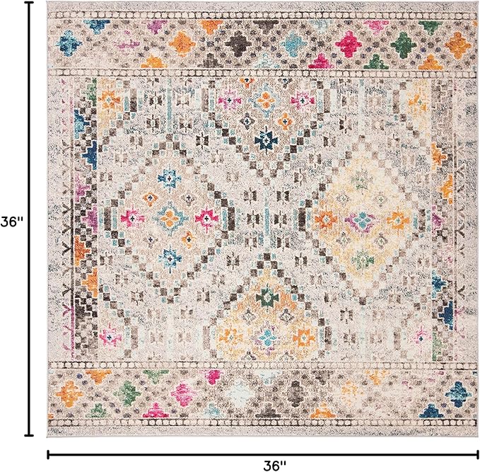 SAFAVIEH Madison Collection Area Rug - 3' Square, Grey & Yellow, Boho Diamond Distressed Design, Non-Shedding & Easy Care, Ideal for High Traffic Areas in Living Room, Bedroom (MAD418F)