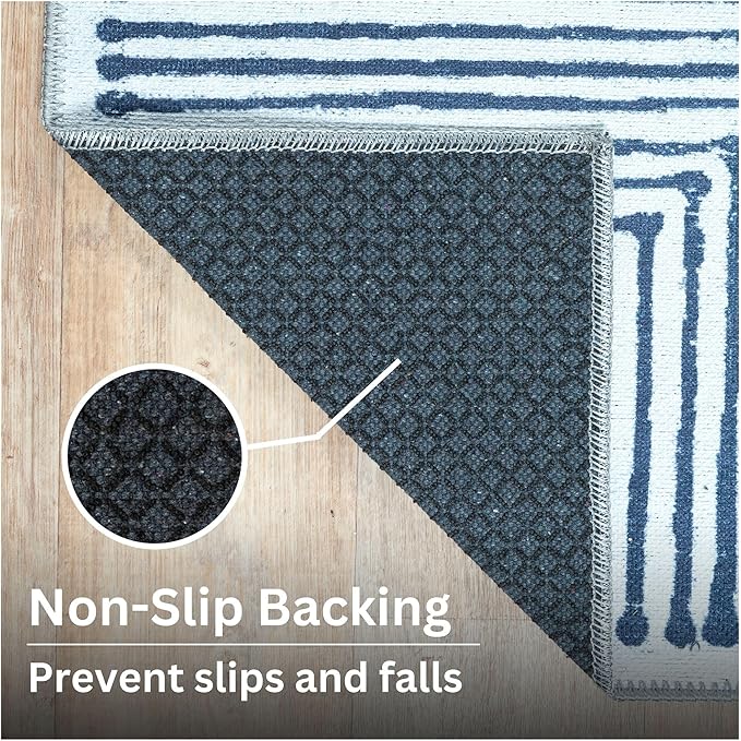 Bloom Rugs Washable Non-Slip 2' x 3' Rug - Blue/Ivory Striped Area Rug for Living Room, Bedroom, Dining Room, and Kitchen - Exact Size: 2' x 3'
