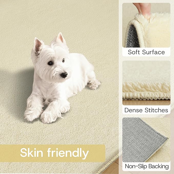 Solid Washable Area Rug - 10x14 Medium Pile Faux Cashmere Carpet for Living Room Bedroom, Light Yellow