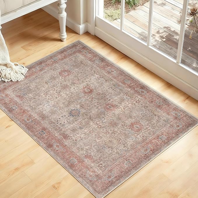 Kuden 3x5 Small Rug, Machine Washable, Non-Slip Backing, Vintage Style, Soft, Low Pile, Area Rugs for Entryway Kitchen Indoor Entrance