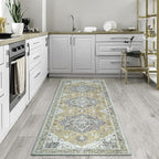 Bloom Rugs Washable Non-Slip 12 ft Runner - Yellow Traditional Medallion Runner for Entryway, Hallway, Bathroom, and Kitchen - Exact Size: 2.5' x 12'