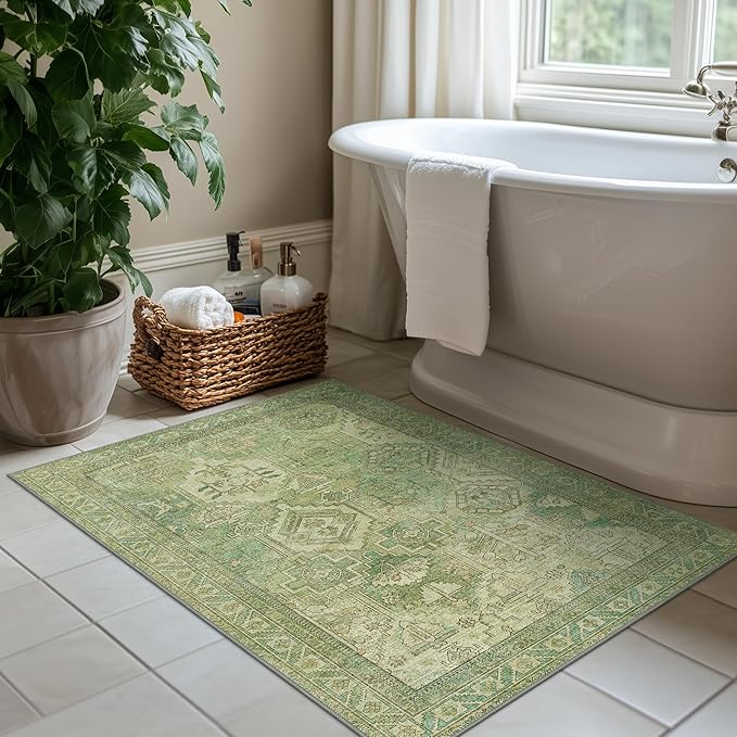 Bavni 2x3 Entryway Rug Bathroom Rugs for Front Door Bedroom Bathroom Kitchen, Washable Vintage Print Carpet, Ultra-Thin Chenille Lightweight Rug with Non Slip Backing, Light Green