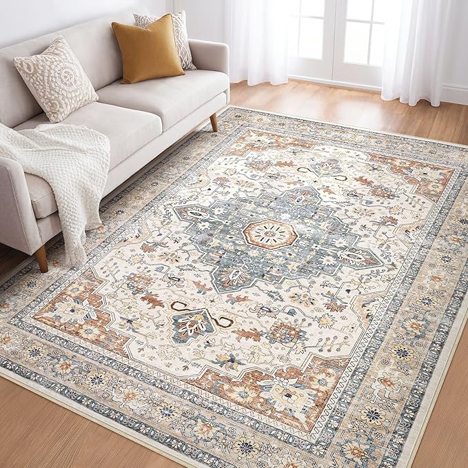 6x8 Area Rug Living Room: Washable Boho Large Neutral Vintage Soft Rugs Stain Resistant Distressed Farmhouse Non-Slip Indoor Floor Carpet for Bedroom Nursery Kids Office Dining Room- Beige Blue