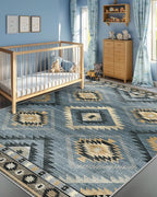 Area Rug 5x7 Rug Machine Washable Rug Non-Slip Low Pile Print Pattern Western Rug for Living Room Bedroom Entryway Tribal Series -Navy/Grey