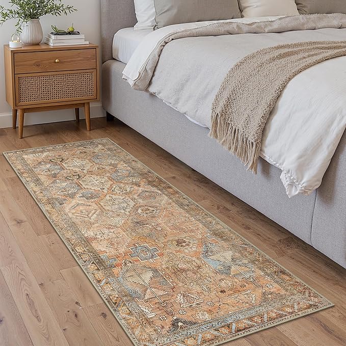 Bavni Runner Rugs 2x7 Kitchen Rug for Hallways Entryway, Washable Vintage Print Carpet, Ultra-Thin Low Pile Lightweight Rug with Non Slip Backing, Sunset Yellow