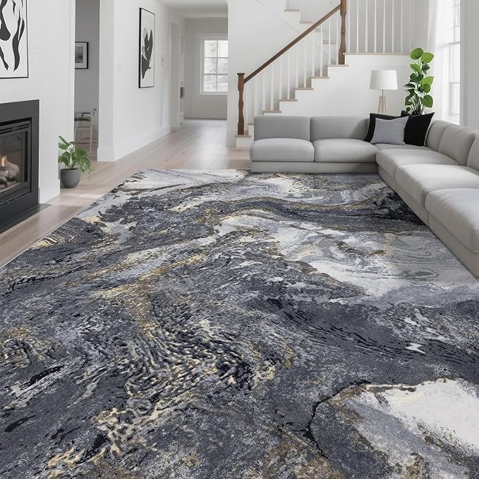 Abstract 9x12 Area Rugs: Modern Washable Rug for Living Room Bedroom Dining Room Indoor - Thin Low Pile Non-Slip Large Carpet - Black Gold