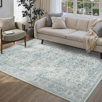 Vintage Area Rug 5x7 Blue Washable Living Room Large Carpet Non Slip Bedroom Indoor Office Low Pile Traditional Distressed Retro Accent Rug for Dining Room Bathroom Kitchen