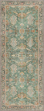 2x5 Hallway Runner Rugs Non Slip Washable Runner for Entryway Bathroom Kitchen Bedroom, Boho Green Runner, Thin Low Pile Chenille Carpet with Rubber Backing, Dark Sage/Gold