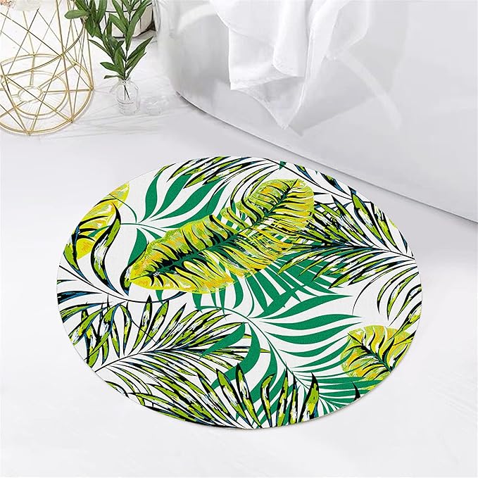 Tropical Round Rug 5ft, Watercolor Palm Leaves Pattern Low Pile Circle Carpet, Non-Slip Washable & Non-Shedding Indoor Mat for Bedroom, Entrance, Office Decor