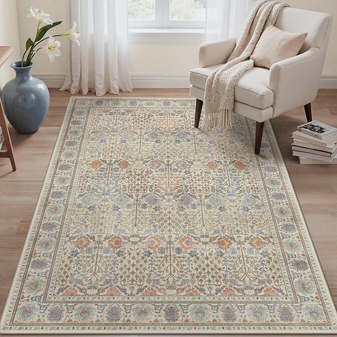 Bavni Area Rugs for Living Room, 5x7 Area Rugs Non-Slip Washable，Ultra-Thin Aesthetic Boho Rug for Bedroom Dinning Room Office, Earth Yellow
