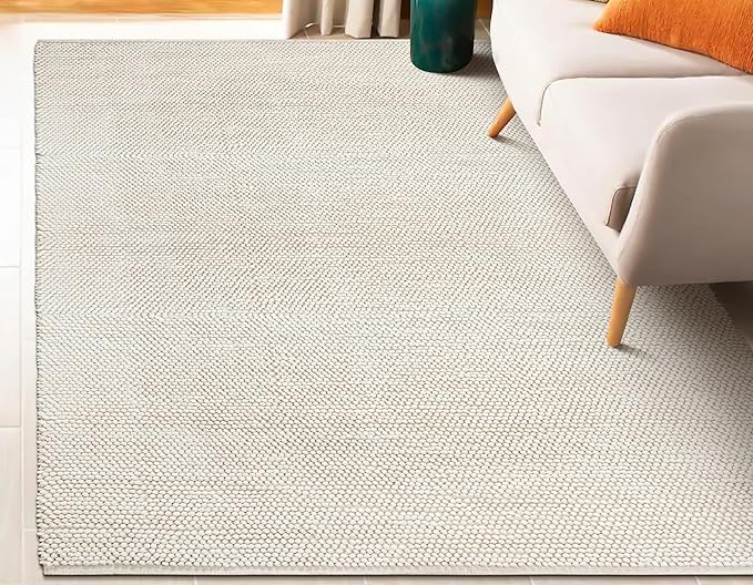 Handwoven Wool Cotton Blend Area Rug 8x10', Textured Popcorn Braided Ivory Rug, Soft Thick Farmhouse Contemporary Living Room Carpet, Neutral Modern Decorative Floor Rug