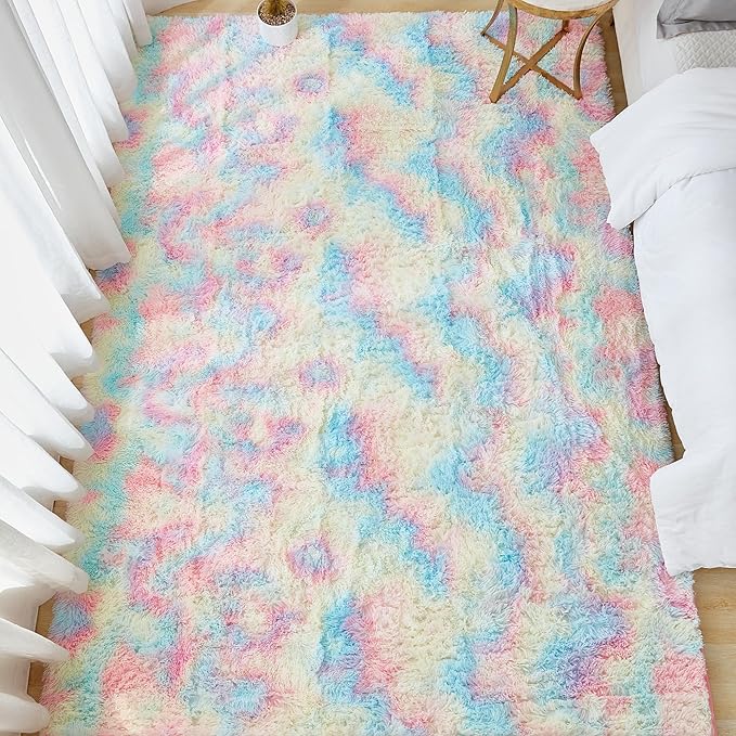 Andency Soft Area Rugs for Living Room Bedroom, 4x6 Fluffy Shaggy Bedside Rug, Non-Slip Large Shag Fuzzy Plush Carpets for Bedroom Kids Dorm Nursery Home Decor Aesthetic, Tie-Dyed Brown