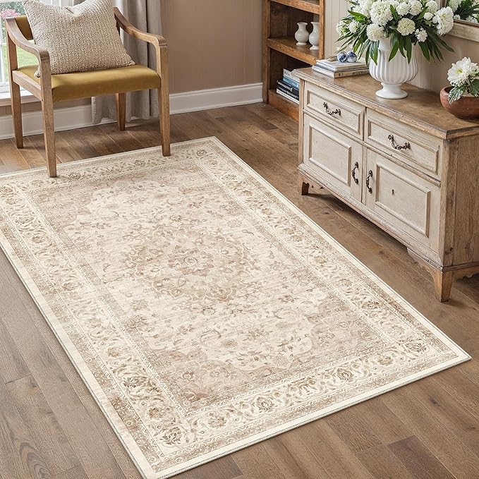 3x5 Beige Washable Vintage Area Rug for Living Room Bedroom Soft Tranditional Non Slip Throw Rug Lightweight Floral Low Pile Distressed Carpet Entrance Laundry Room Office