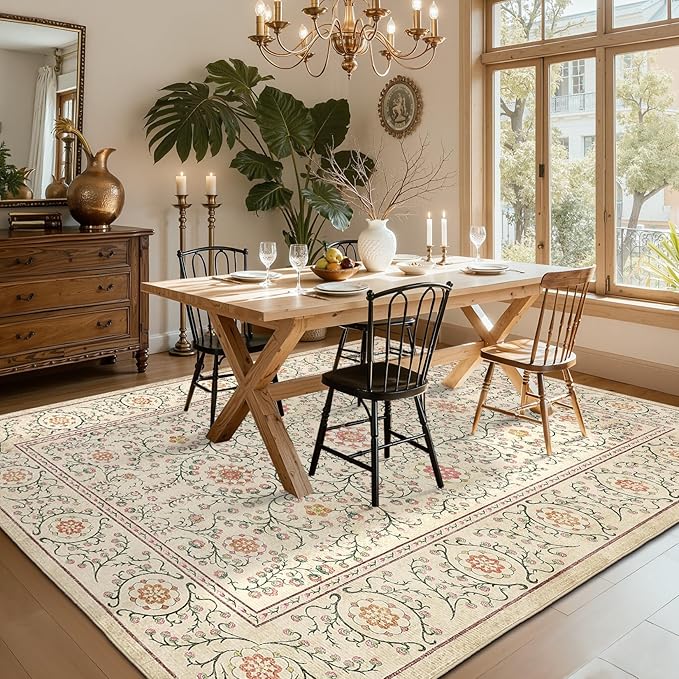 GarveeHome Boho 5x7 Area Rug for Bedroom, Floral Vintage Rugs for Living Room with Soft Low Pile, Non Slip Botanical Washable Rugs 5x7 for Dining Room Camel Carpet for Entryway Dorm Office Playroom