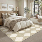 8x10 Checkered Area Rugs for Living Room Beige Machine Washable Large Rug Non-Slip Stain Resistant Low Pile Boho Accent Indoor Throw Carpet for Bedroom Dining Room Home Aesthetic Decor