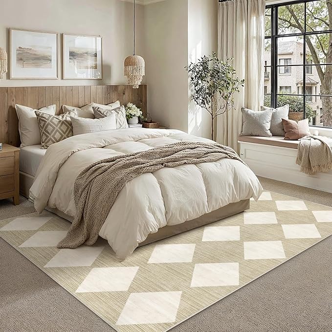 6x9 Checkered Area Rugs for Living Room Beige Machine Washable Large Rug Non-Slip Stain Resistant Low Pile Boho Accent Indoor Throw Carpet for Bedroom Dining Room Classroom