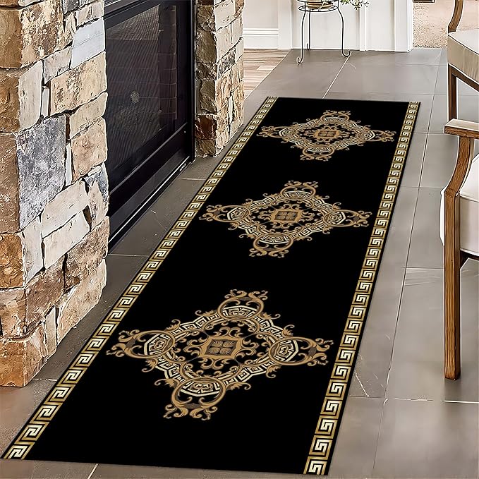 Vintage Baroque Art Long Hallway Rugs Runners, 3.3x7ft, Luxury European Geometric Living Room Rug, Gold Greek Meandering Soft Washable Mats, Shed Resistant Pet Friendly Carpet for Indoor