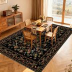 Black Rug for Living Room 5x7 Area Rugs, Machine Washable Non-Slip Carpet, Boho Floral Low Pile Throw Rugs for Bedroom, Dining Room, Office, Nursery, Vintage Home Decor