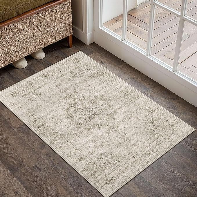 HUGEAR Washable 2x3 Entryway Area Rugs Retro Beige Small Vintage Distressed Non Slip Stain Resistant Low Pile Neutral Throw Carpet for Bedside Kitchen Entryway Home Decor