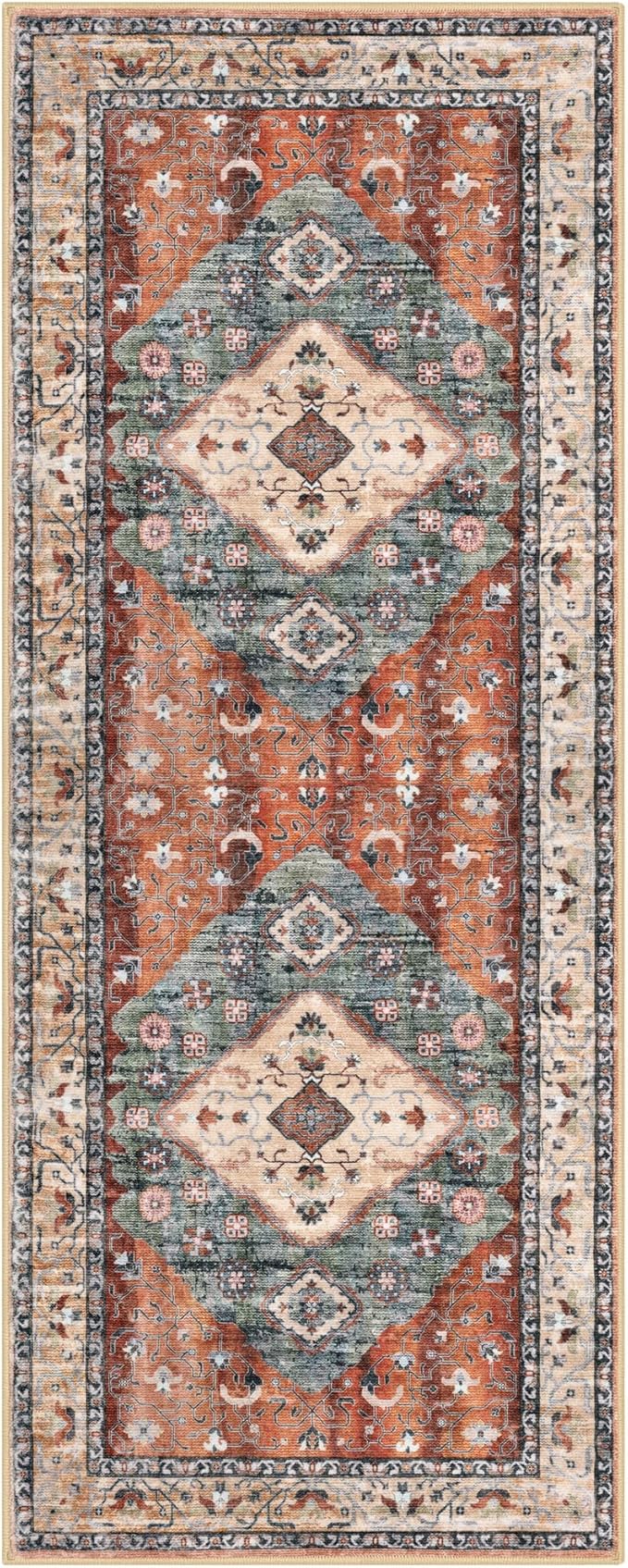 KOZYFLY Runners for Hallways 2x5 Ft Washable Kitchen Runner Rug Boho Runner Rug for Entryway Indoor Rust/Orange/Blue Printed Oriental Faux Wool Floor Carpet Runner for Laundry Room Kitchen Hall